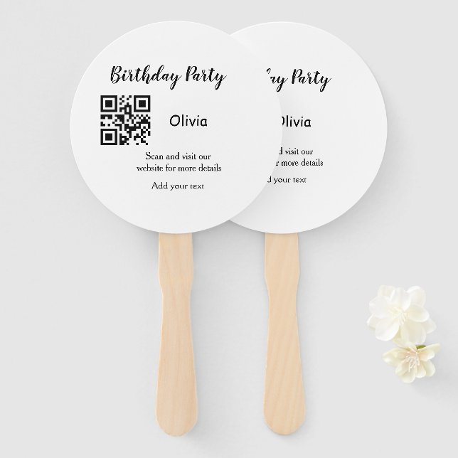 Simple birthday party website barcode QR add name  Hand Fan (Front and Back)