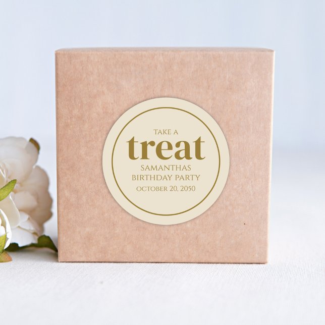 Simple Birthday Treat Favour Modern Tan Beige Classic Round Sticker (Creator Uploaded)