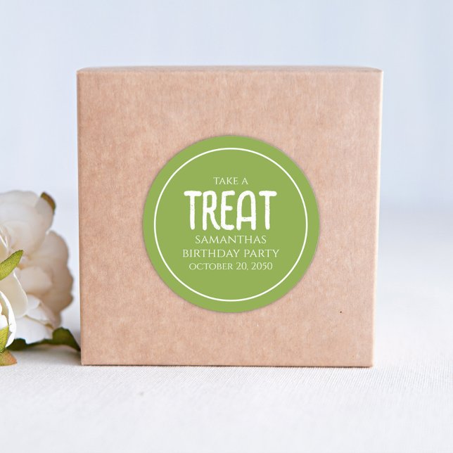 Simple Birthday Treat Favour Whimsical Green  Classic Round Sticker (Creator Uploaded)