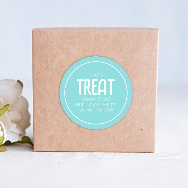 Simple Birthday Treat Favour Whimsical Script Teal Classic Round Sticker (Creator Uploaded)