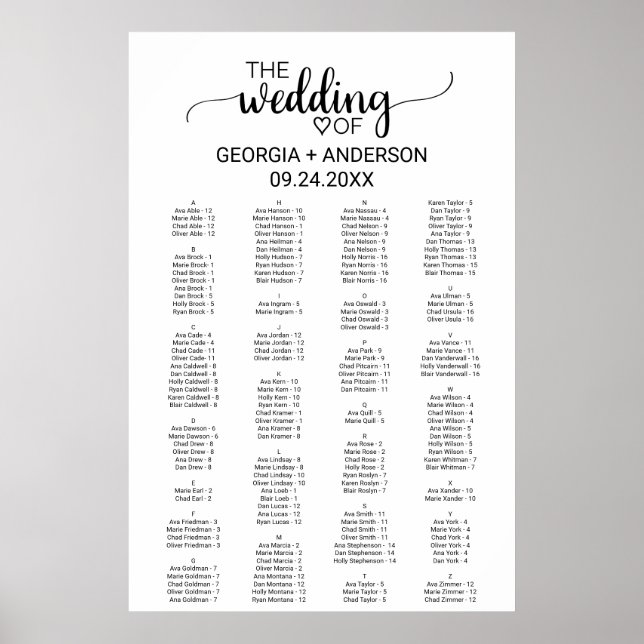 Simple Black Alphabetical Seating Chart (Front)