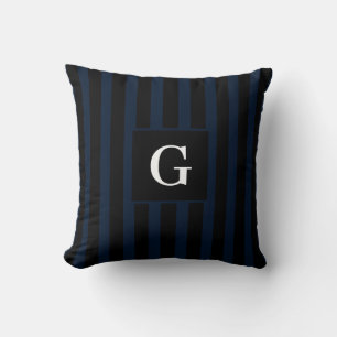 Simple black and Dark Blue Stripes Single Initial Throw Pillow