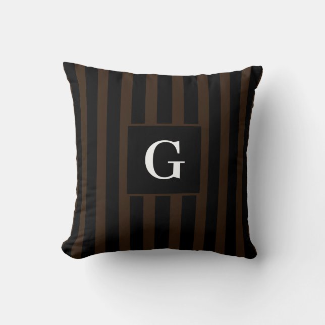 Simple black and Dark Brown Stripes Single Initial Throw Pillow (Front)