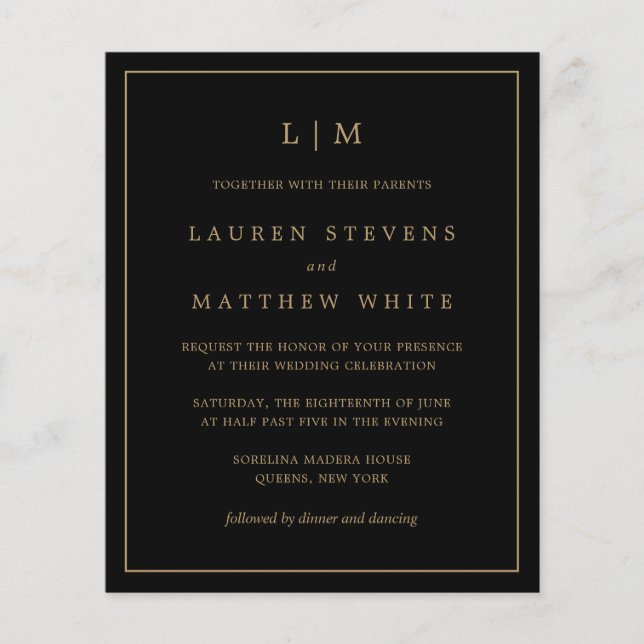Simple Black and Gold Budget Wedding Invite (Front)