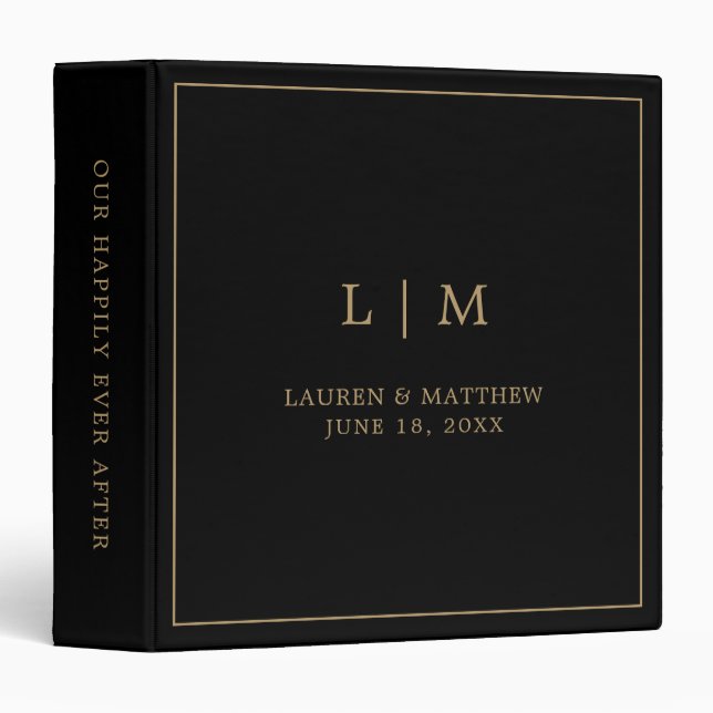 Simple Black and Gold Monogram Elegant Wedding Binder (Front/Spine)