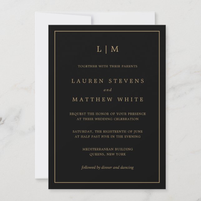 Simple Black and Gold Monogram Elegant Wedding Invitation (Front)