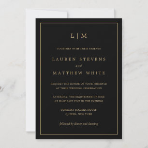 Simple Black and Gold Monogram Elegant Wedding Invitation