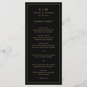 Simple Black and Gold Monogram Elegant Wedding Menu