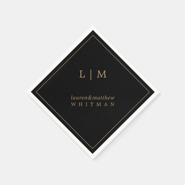 Simple Black and Gold Monogram Elegant Wedding Napkin (Corner)
