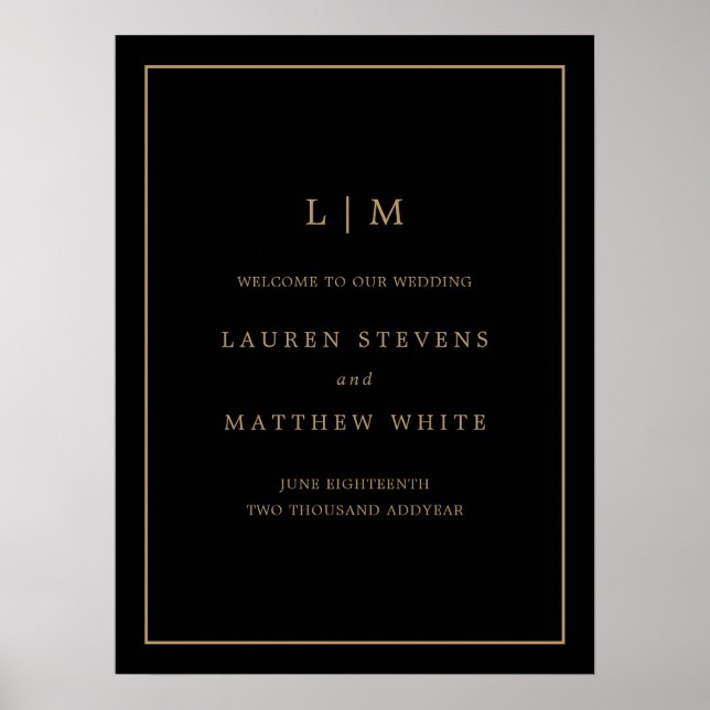 Simple Black and Gold Monogram Elegant Wedding Poster (Front)