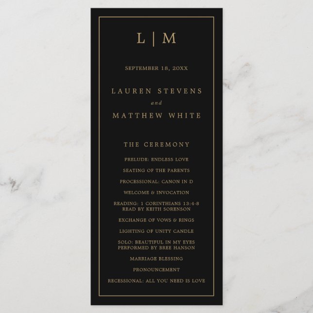 Simple Black and Gold Monogram Elegant Wedding Program (Front)