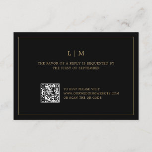 Simple Black and Gold Monogram QR Code Wedding RSVP Card