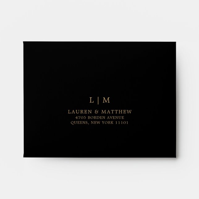 Simple Black and Gold Monogram RSVP Wedding Envelope (Front)