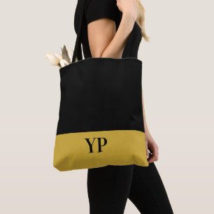 Simple Black and Gold Monogrammed Tote Bag