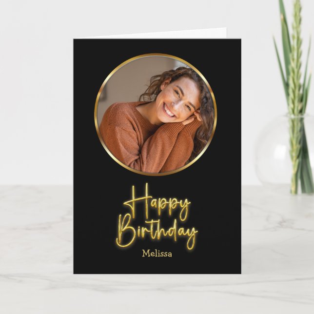 Simple Black and Gold Script Circle Photo Birthday Card (Front)