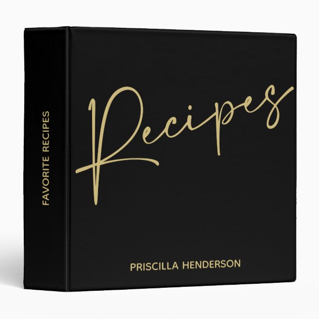Simple Black and Gold Script Recipe Book Journal Binder (Front/Spine)
