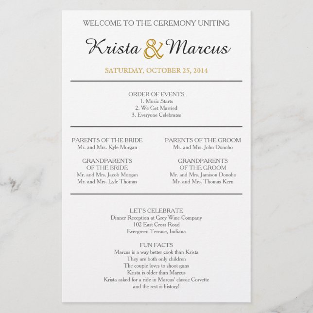 Simple Black and Gold Silhouettes Wedding Program (Front)