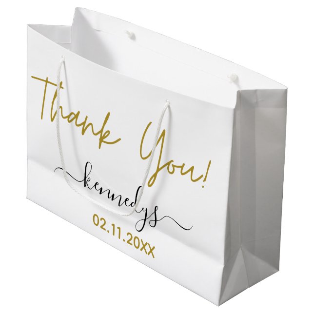 Simple Black And Gold Thank You Custom Name Large Gift Bag (Front Angled)