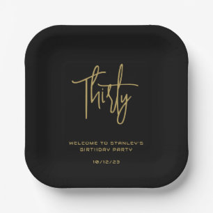Simple Black and Gold Thirty Birthday Party Paper Plate