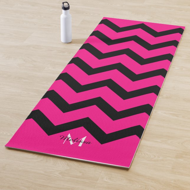Simple Black and hot pink Chevron pattern Monogram Yoga Mat (In Situ)