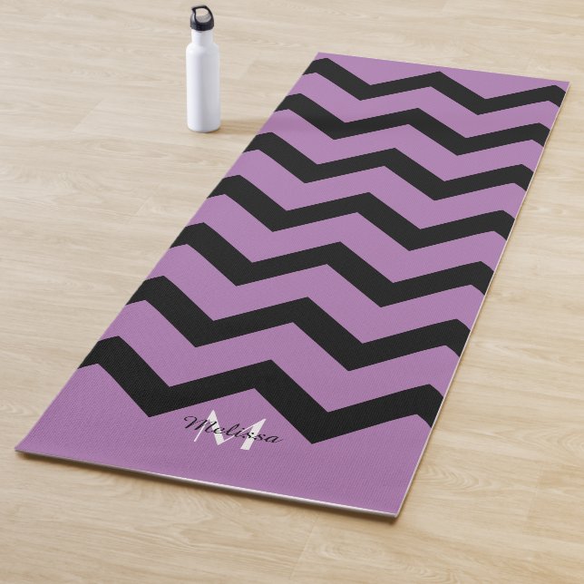 Simple Black and lavender Chevron pattern Monogram Yoga Mat (In Situ)