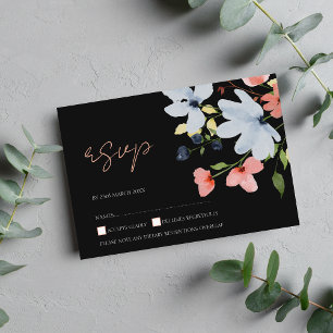 Simple Black and Pink Floral Wedding RSVP Card