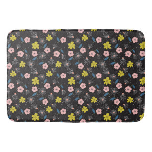 Simple Black and Pink Illustration Floral Pattern Bath Mat