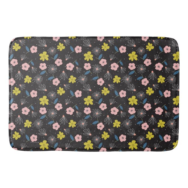 Simple Black and Pink Illustration Floral Pattern Bath Mat (Front)