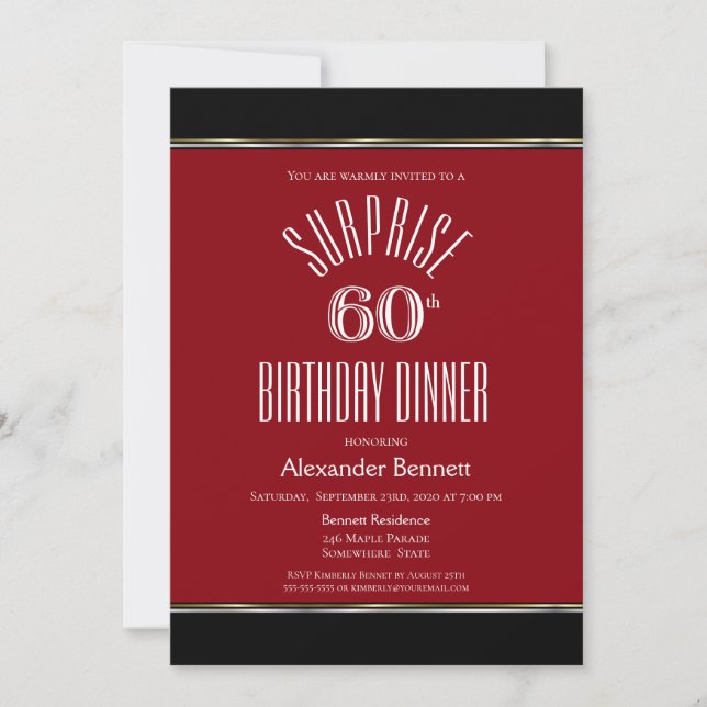 Simple Black and Red Surprise 60th Birthday Dinner Invitation (Front)