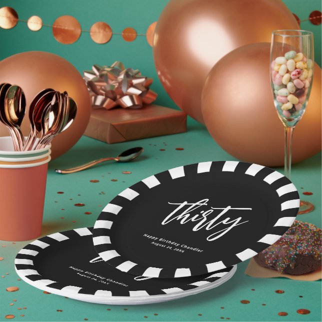 Simple Black and White 30th Birthday Party Paper Plate (Multi)