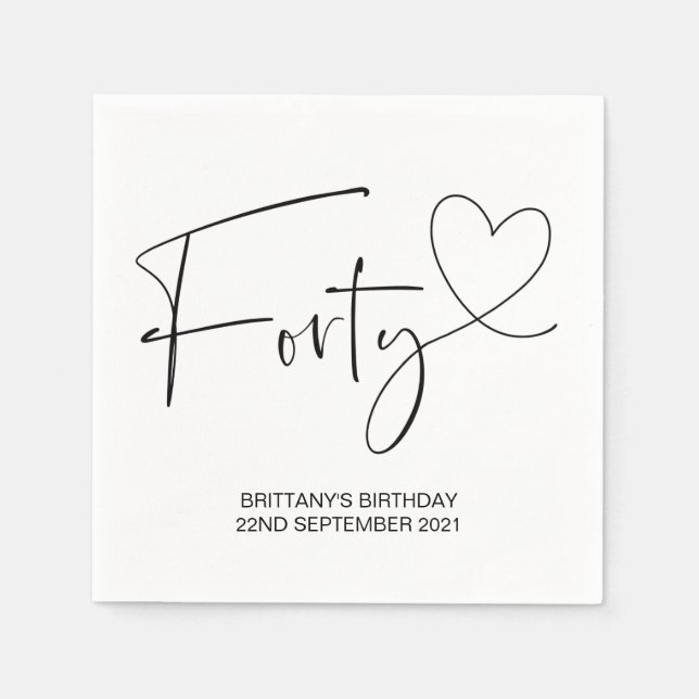 Simple Black and White 40th Birthday Party Decor Napkin (Front)