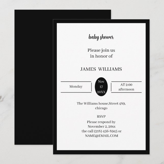 Simple Black And White Baby Shower Personalised Invitation (Front/Back)