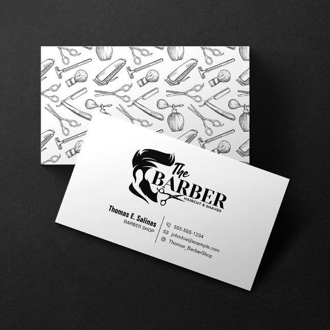 Simple Black and White Barber Stylist Shop Pattern Business Card (Creator Uploaded)