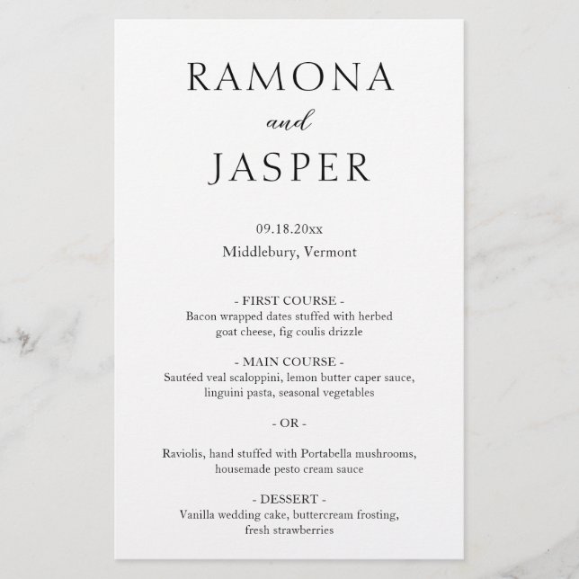 Simple Black and White Bold Modern Wedding Menu (Front)