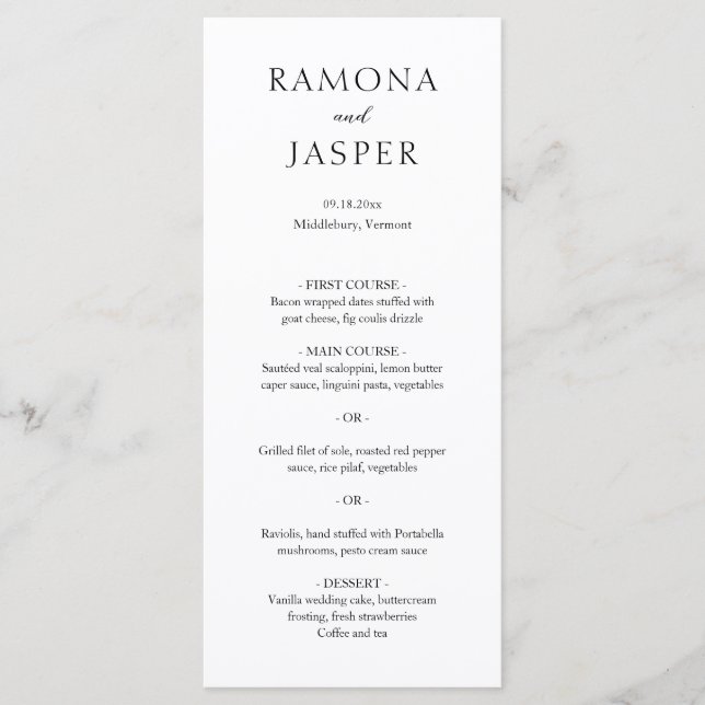 Simple Black and White Bold Modern Wedding Menu (Front)
