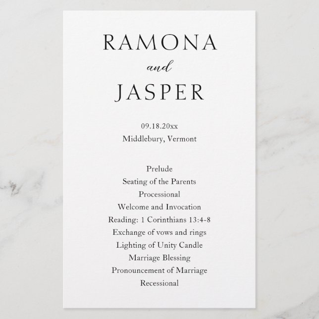 Simple Black and White Bold Modern Wedding Program (Front)