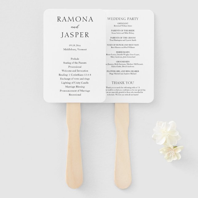 Simple Black and White Bold Modern Wedding Program Hand Fan (Front and Back)