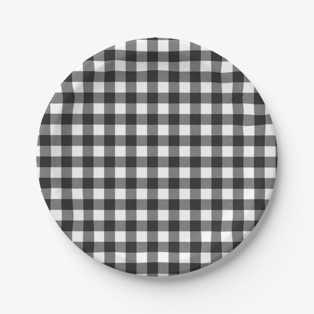 Simple Black and White Buffalo Plaid Check Pattern Paper Plate (Front)
