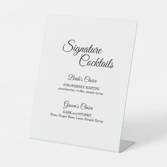 Simple Black and White Calligraphy Cocktail Menu Pedestal Sign (Front)