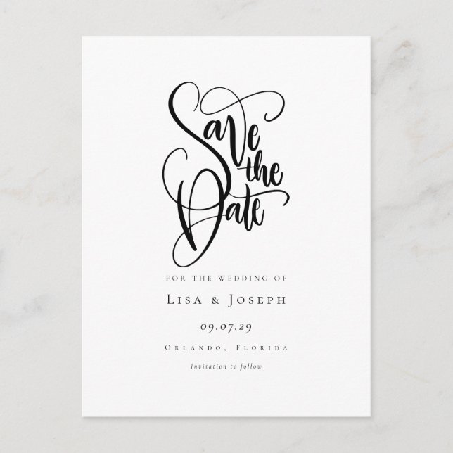 Simple Black and White Calligraphy Save the Date Postcard (Front)