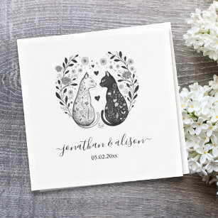  Simple Black and White Cats Floral Chic Wedding  Napkin