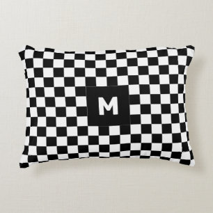 Simple Black and White Chequered Pattern Monogram Accent Pillow