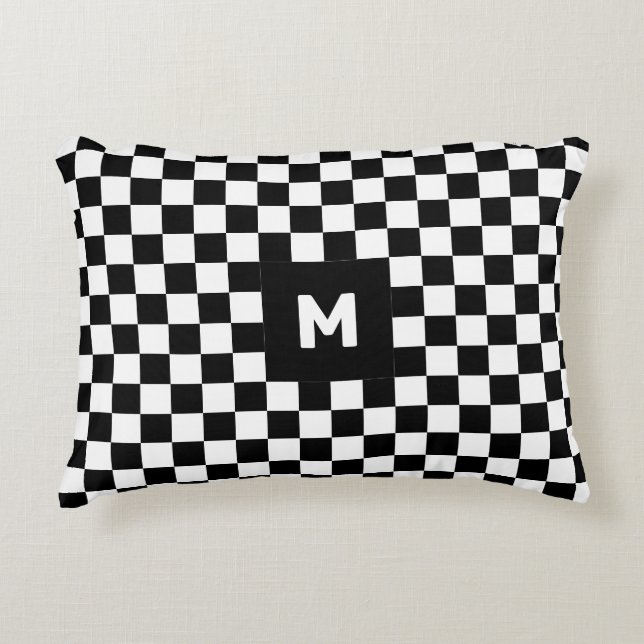Simple Black and White Chequered Pattern Monogram Accent Pillow (Front)