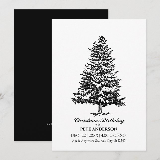 Simple Black and white christmas tree birthday Invitation (Front/Back)