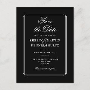 Simple Black and White Classic Deco Save the Date Announcement Postcard