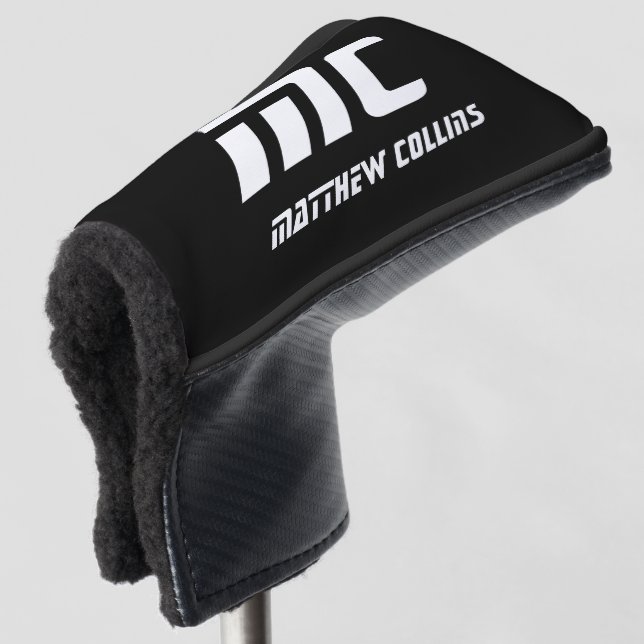 Simple Black and White Cool Personalized Monogram Golf Head Cover (3/4 Front)