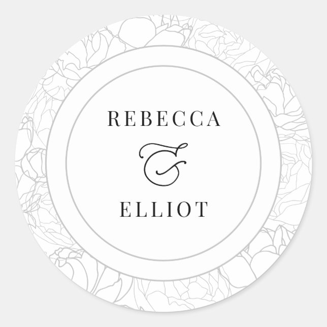 Simple Black and White Couple Names Wedding Classic Round Sticker (Front)