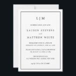 Simple Black and White Elegant Wedding Reception Invitation<br><div class="desc">Simple Wedding Announcement with reception invitation featuring a modern yet elegant design with your two letter monogram at the top and your details surrounded by a thin border. All text is in black, over a white background and the backside is solid black. The fonts and background colours may be changed...</div>