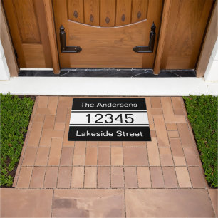 Simple Black and White Family Name Street Address Doormat
