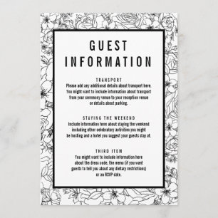 Simple black and white floral guest info insert invitation